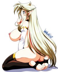 1girls ass blonde_hair breasts bubble_butt danmakuman earrings elf elf_ears elf_female green_eyes huge_breasts kneeling original original_character pointy_ears side_view thighhighs voluptuous