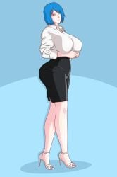 1girls arms_under_breasts big_breasts black_skirt blue_hair breasts business_suit business_woman clothed clothing facing_viewer female female_focus female_only fiza full_body fully_clothed high_heels human office_lady orange_eyes original original_character pale_skin pencil_skirt short_hair skirt skirt_suit solo standing thick_thighs tight_skirt white_shirt wide_hips