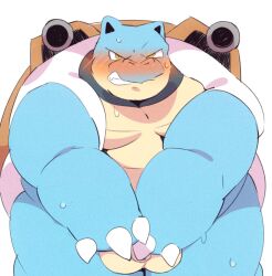 0119_muu 2022 anthro balls belly big_belly blastoise blue_body blush bodily_fluids genitals hi_res kemono male male_only nintendo overweight overweight_male penis pokémon_(species) pokemon simple_background solo sweat video_games