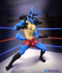 2022 abs anthro artariem athletic athletic_male biceps big_bulge blue_body bottomwear bulge clothed clothing detailed_bulge digital_media_(artwork) digital_painting_(artwork) fighting_pose fighting_ring full-length_portrait gym gym_bottomwear gym_clothing hi_res lucario male muscular nintendo pokemon pokemon_(species) portrait pose red_clothing red_eyes shaded signature solo standing text topless url video_games yellow_body yellow_chest