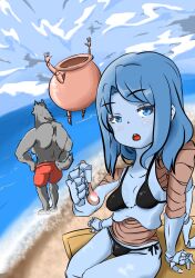 1girls 2boys beach bikini blaidd_(elden_ring) breasts cleavage elden_ring female female_focus fromsoftware fun iron_fist_alexander living_jar_(elden_ring) ranni_the_witch topless topless_anthro topless_male wholesome yoru_no_okazu_tsukuri_oki