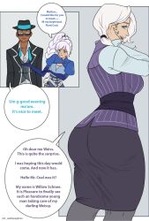 1boy 2girls ass ass_focus big_ass blue_eyes cute dark-skinned_male dat_ass english_text female flynt_coal hat interracial looking_back milf mother_and_daughter rooster_teeth rwby simple_background sunglasses text tight_clothing wallace_pires weiss_schnee white_hair willow_schnee