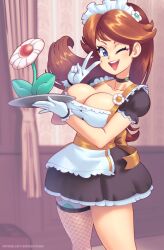 1girls 2022 blue_eyes breasts female female_only fire_flower hips holding_object huge_breasts indoors long_hair looking_at_viewer maid maid_headdress maid_outfit maid_uniform mario_(series) nintendo orange_hair peace_sign princess_daisy serving_tray slim_waist smile solo super_mario_land supersatanson thick_thighs thighs wide_hips