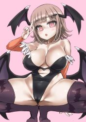 1girls animal_print asanagi bare_shoulders bat_print bat_wings big_breasts blush breasts bridal_gauntlets cleavage clothing cosplay danganronpa danganronpa_2:_goodbye_despair darkstalkers female female_only grey_hair hair_ornament hairclip head_wings higher_resolution_duplicate huge_breasts large_breasts leotard morrigan_aensland morrigan_aensland_(cosplay) nanami_chiaki open_mouth patterned_legwear pink_eyes print_legwear sagging_breasts short_hair solo spread_legs squatting straight_hair thick_thighs thighhighs v vampire_(game) wings