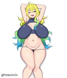 1girls bikini breasts cleavage dragon_girl drawing female full_body highres huge_breasts kobayashi-san_chi_no_maidragon large_breasts long_hair lucoa lucoa_(maidragon) miss_kobayashi's_dragon_maid original potatoartox quetzalcoatl_(dragon_maid) smile solo solo_female swimsuit undressing