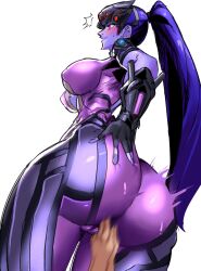 1girls bodysuit fingering fingers gamjasssak overwatch ponytail purple_hair purple_skin sorysam2005 tagme widowmaker