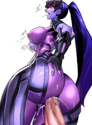 1girls ass bodysuit breasts earrings female fisting gamjasssak gloves grabbing_own_ass lactation overwatch ponytail purple_hair purple_skin pussy pussy_juice sorysam2005 tagme widowmaker