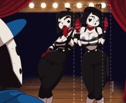 1boy 2d 2d_animation 2girls animated beret black_eyes black_hair bonbon_(derpixon) chuchu_(derpixon) curtains dash_(derpixon) female female_focus female_only gif heart_tattoo male mask masked masked_male mime mime_and_dash mime_girl on_glass red_curtains red_gloves rubbing star_tattoo tetrojek white_eyes wooden_floor