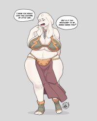 1girls 2022 anthro cosplay cumbread english_text female female_only goat goat_horns simple_background slave_leia_(cosplay) speech_bubble tagme text toriel undertale white_fur