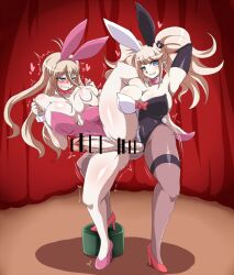 2futas animal_ears bar_censor big_penis blonde_hair blue_eyes blush bottomless breast_grab breasts censored clothed clothing danganronpa duo ear_piercing erection fake_animal_ears futa_on_futa futa_only futa_sans_balls futa_with_futa futanari grabbing grey_eyes heart heels high_heels highres huge_breasts huge_cock human iruma_miu junko_enoshima leg_up light light-skinned_futanari light_skin long_hair looking_at_viewer multiple_girls partially_clothed penis piercing rabbit_ears rolling_eyes sex shirakai smile smooth_skin standing trembling twintails vaginal_penetration veins veiny_penis