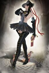 1girls 3d alternate_costume bayonetta bayonetta_(character) black_boots black_gloves black_hair black_skirt breasts elbow_gloves female female_only gloves gun hair_covering_breasts hair_covering_nipples hair_over_breasts high_heel_boots high_heels laced_boots laced_gloves light-skinned_female light_skin long_boots long_hair malkavian-soul medium_breasts official_alternate_costume pistol platinum_games provocative sega skirt solo solo_female thigh_boots weapon witch_hat xnalara