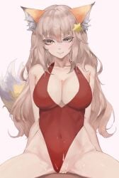 1boy 1girls animal_ears annytf bangs bare_shoulders belly_button blush breasts brown_hair cleavage cowgirl_position cum cum_on_body dark-skinned_male dark_skin female fox_ears fox_girl fox_tail groin hair_ornament indie_virtual_youtuber kataku_musou leotard leotard_aside light-skinned_female light_skin male_pov pov red_leotard smile solo straddling tagme tail virtual_youtuber yellow_eyes