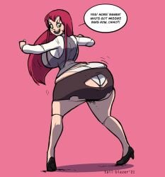 1girls ass ass_cleavage ass_expansion big_ass big_butt breasts butt_crack english_text female female_only green_eyes hataraku_maou-sama! heels high_heels huge_ass huge_breasts huge_butt red_eyes solo tail-blazer text text_bubble thick_thighs yusa_emi