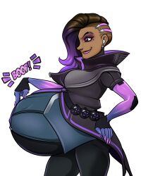 1girls asymmetrical_hair beauty_mark belly big_belly brown_hair dark-skinned_female dark_skin female fetal_movement hand_on_belly hand_on_hip huge_belly latina olivia_colomar overwatch overwatch_2 pregnant purple_hair riddleaugust solo_female sombra two_tone_hair