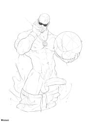 bald balls bara bayonetta big_penis boner cigar dark-skinned_male dark_skin dizdoodz erection male male_only monochrome muscles muscular necklace pants_down penis platinum_games rodin_(bayonetta) shirtless smoking solo solo_male sunglasses tattoo