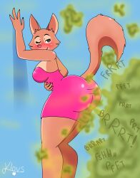 anthro ass blush breasts brown_body brown_fur canid canine clothed clothing diane_foxington dreamworks fart fart_cloud fart_fetish female female/female fox fur grey_eyes hi_res holding_stomach klovs mammal onomatopoeia smile solo sound_effects text the_bad_guys thick_thighs