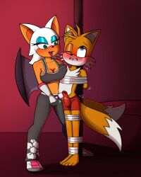 2_tails anthro blush bodily_fluids breast_squish breasts bulge canid canine chiropteran cleavage clothed clothing collar dominant dominant_female duo female femdom fox genital_fluids heart hi_res male male/female mammal midriff multi_tail one_eye_closed precum rouge_the_bat sega sex_toy sonic_(series) sonic_riders squish submissive submissive_male tails tape_bondage tied_to_pole underwear vibrator wings zeecibee