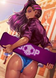 1girls ass boop dark-skinned_female dark_skin dat_ass female female_only hoodie latina looking_back looking_back_at_viewer olivia_colomar overwatch overwatch_2 purple_eyes side_shave skateboard solo sombra whistlerx