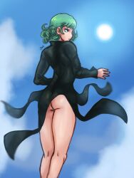 angry_expression ass ass_focus ass_visible_through_thighs black_clothing butt_focus curly_hair flying green_eyes green_hair in_the_sky jontainaka legs skirt_up sky_background thick_thighs thighs