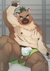 1boy anthro ass belly blush brown_body brown_fur canid canine canis clothed clothing domestic_dog erection erection_under_clothing fur jockstrap lifewonders male male_only mammal musclegut muscular_arms muscular_legs natsuhakoura navel nipples pecs solo tokyo_afterschool_summoners topknot underwear video_games yasuyori