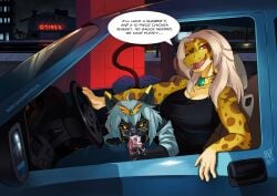 2022 4_fingers anthro black_sclera blonde_hair blowjob_in_car bodily_fluids breasts car car_blowjob cleavage clothed clothing cum cum_in_mouth cum_inside dialogue digital_media_(artwork) domestic_cat drive-thru duo egyptian_mau english_text eublepharid exhibitionism felid feline felis fellatio female fingers gecko genital_fluids genitals grey_hair gynomorph gynomorph/female hair inside_car intersex intersex/female leopard_gecko lizard mammal non-mammal_breasts open_mouth oral penile penis red_eyes reptile road_head scalie sex speech_bubble text url vehicle yellow_eyes zwitterkitsune