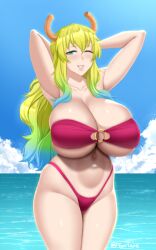 1girls arms_behind_head arms_up artist_name artist_signature artist_website beach big_breasts bikini blonde_hair blue_eyes blue_hair blue_sky blush breasts cleavage cloudy_sky curvy eye_contact female green_hair hi_res high_resolution highleg highleg_bikini highres horizon horns huge_breasts kobayashi-san_chi_no_maidragon lips long_hair looking_at_viewer lucoa lucoa_(maidragon) miss_kobayashi's_dragon_maid multicolored_hair navel o-ring o-ring_bikini o-ring_top one_eye_closed outdoors quetzalcoatl_(dragon_maid) red_bikini shiny shiny_hair shiny_skin simple_background skindentation sky smile solo standing swimsuit thick_thighs thighs twitter twitter_username twrlare url voluptuous wide_hips