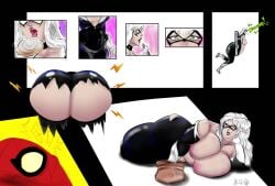 ass ass_growth bbw belly big_ass big_belly big_breasts black_cat_(marvel) breasts bubble_butt burp burping bursting_butt butt_growth comic eating fat felicia_hardy female female_focus food huge_ass huge_breasts marvel marvel_comics mx-fa overweight spider-man spider-man_(series) stuck stuck_in_window torn_clothes weight_gain