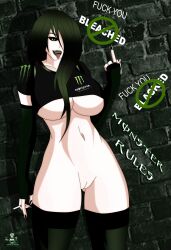 1girls big_breasts cigarette dark_green_hair female female_only green_eyes green_lipstick long_hair middle_finger monster-chan monster_energy noir-black-shooter solo traced