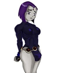 1futa breasts bulge bulge_through_clothing clothed clothing dc dc_comics flaccid forehead_jewel fully_clothed futa_only futanari grey_skin grubberpix humanoid looking_down penis purple_hair rachel_roth raven_(dc) solo standing straight_hair teen_titans thick_thighs white_background wide_hips