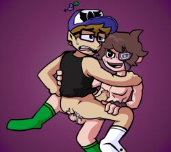 2boys black_eyes blush brown_hair cartoony cum_in_ass cum_inside cum_on_ass ejaculating_cum ejaculation ejaculation_while_penetrated eyepatch friday_night_funkin glasses gloves hat male/male male_only male_penetrating_male purple_hat socks stickybm tank_top uniquegeese youtube youtuber