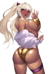 1girls 2022 ass back back_view backboob bikini blonde_hair blush breasts brown_eyes brown_skin bubble_butt dark-skinned_female dark_skin female female_only gold_bikini golden_bikini hips huge_ass huge_breasts kangoku_senkan kangoku_senkan_3 kila_kushan ky. long_hair naughty_face open_mouth sideboob simple_background slim_waist suggestive_look thick_thighs thigh_strap thighs tongue tongue_out twintails twintails_(hairstyle) wide_hips