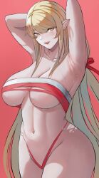 armpits arms_behind_head arms_up ass bangs blonde_hair blush breasts chest_sarashi chinese_commentary cleavage clothing_request collarbone commentary fangs female green_eyes hair_ribbon highres kiss-shot_acerola-orion_heart-under-blade large_breasts long_hair looking_at_viewer milksasa monogatari_(series) pointy_ears red_background red_ribbon ribbon sarashi sexy_armpits sidelocks simple_background solo standing sweat swept_bangs vampire very_long_hair