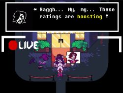 big_breasts big_penis clothing livestream mettaton mettaton_ex original_character pixel_art pleasure_face robot sex smiling sprite_art text tongue_out undertale unknown_artist