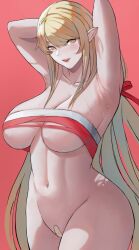 armpits arms_behind_head arms_up ass bandaid bandaid_on_pussy bangs blonde_hair blush breasts chest_sarashi chinese_commentary cleavage clothing_request collarbone commentary fangs female green_eyes hair_ribbon highres kiss-shot_acerola-orion_heart-under-blade large_breasts long_hair looking_at_viewer milksasa monogatari_(series) pointy_ears red_background red_ribbon ribbon sarashi sexy_armpits sidelocks simple_background solo standing sweat sweaty_armpits swept_bangs vampire very_long_hair