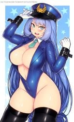 1girls 2022 blue_eyes blue_hair bodysuit breasts cleavage female female_only hat highleg hips huge_breasts long_hair looking_at_viewer my_hero_academia nejire_hado policewoman saltydanshark skindentation slim_waist smile thick_thighs thighhighs thighs unzipped_bodysuit wide_hips