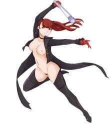 1girls 9_9bird atlus exposed_breasts exposed_pussy exposed_torso holding_object kasumi_yoshizawa long_hair persona persona_5 persona_5_royal ponytail red_hair sex_toy solo sumire_yoshizawa