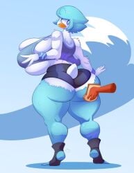 ass big_ass bread breasts curvy disembodied_hand duck female female_focus female_only huge_breasts jaeh nintendo no_humans pokémon_(species) pokemon pokemon_sv quaxly shorts sports_bra thick_thighs thighs