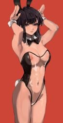 1girls absurdres armpits asian bedroom_eyes black_eyes black_hair breasts bunny_ears bunny_girl bunny_pose bunny_tail bunnysuit dark_blue_hair eye_contact female fringe grey_eyes gris_swimsuit high_resolution komi-san_wa_komyushou_desu komi_shouko large_breasts leotard long_hair looking_at_viewer mamimi_(artist) mamimi_(mamamimi) nipples pale-skinned_female petite petplay purple_eyes purple_hair red_background roleplay schoolgirl seductive_look solo standing thick_thighs transparent_bunnysuit