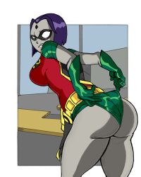 1girls ass big_ass clothed clothed_female cosplay dc dc_comics female female_only forehead_jewel gloves grubberpix looking_back purple_hair rachel_roth raven_(dc) rear_view teen_titans thick_thighs wedgie