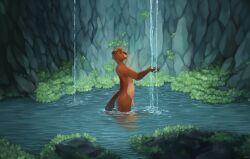 allegrosky anthro beaver brown_body brown_fur chubby_male fur genitals male mammal nude outside partially_submerged penis ponder_beaver_(character) rodent solo waterfall