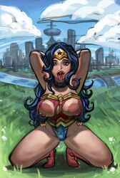 1girls amazon arms_behind_head big_breasts black_hair breasts brown_eyes busty dark-skinned_female dc dc_comics diana_prince female female_focus female_only hourglass_figure large_areolae nipple_piercing piercing pinup pinup_pose ripped_clothing solo squatting tagme tongue_piercing weakj wide_hips wonder_woman wonder_woman_(series)