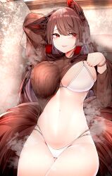 absurdres akagi_(azur_lane) animal_ear_fluff animal_ears azur_lane bra breasts brown_hair brown_sweater brown_tail cleavage eyebrows_visible_through_hair female fox_ears fox_tail highres kitsune large_breasts long_hair multiple_tails panties red_eyes samip see-through sideways_glance slit_pupils solo steaming_body sweater tail thighs underwear white_bra white_panties