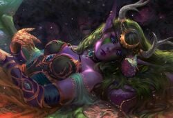 1girls blizzard_entertainment blue_eyes denahelmi detailed_background dragon dragon_girl dragon_horns dragoness elf fantasy green_hair medium_breasts milf night_elf purple_hair warcraft world_of_warcraft ysera