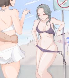 1boy 2girls 9_9bird ass atlus bikini brown_hair grey_hair handcuffs long_hair makoto_niijima persona persona_5 sae_niijima short_hair sisters swimsuit tied_up