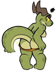 anthro ass breasts clothed clothing clothing_too_small female genitals hi_res horn kobold nipples panties pussy reptile scalie solo topless trout_(artist) underwear