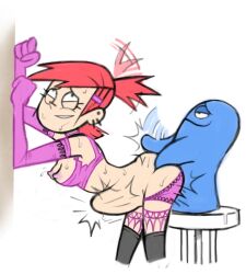 1boy 1girls against_wall ass bloo breasts cartoon_network foster's_home_for_imaginary_friends frankie_foster from_behind grubberpix light-skinned_female lingerie perky_breasts sex side_view size_difference small_dom_big_sub stomach_bulge stomach_deformation straight sweat