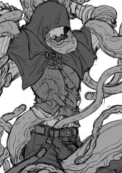 1boy bloodborne fromsoftware fully_clothed groping hood hunter_(bloodborne) male male_focus monochrome open_mouth questionable_consent restrained solo_focus tentacle tentacle_grab tentacle_monster tentacle_on_male tentacle_under_clothes