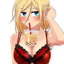 blonde_hair blue_eyes blush bra bubble_tea drinking dungeon_and_fighter dungeon_fighter_online female gunner_(dungeon_and_fighter) hand_in_own_hair lace_bra lingerie ranger_(dungeon_and_fighter) short_hair sss_(komojinos3) sweat underwear white_background