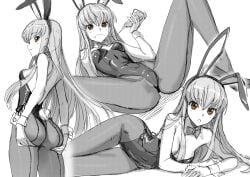 1girls ass ass_grab bowtie breasts bunny_ears bunnysuit c.c. code_geass detached_collar eating fake_animal_ears female food kawakami_rokkaku leotard long_hair monochrome on_back on_side pantyhose pizza solo spread_legs standing tagme wrist_cuffs