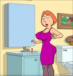 alternate_breast_size back_view bathroom breasts clothing dress dressing erect_nipples erect_nipples_under_clothes family_guy large_breasts lois_griffin red_hair sexfightfun show smiley_face stockings